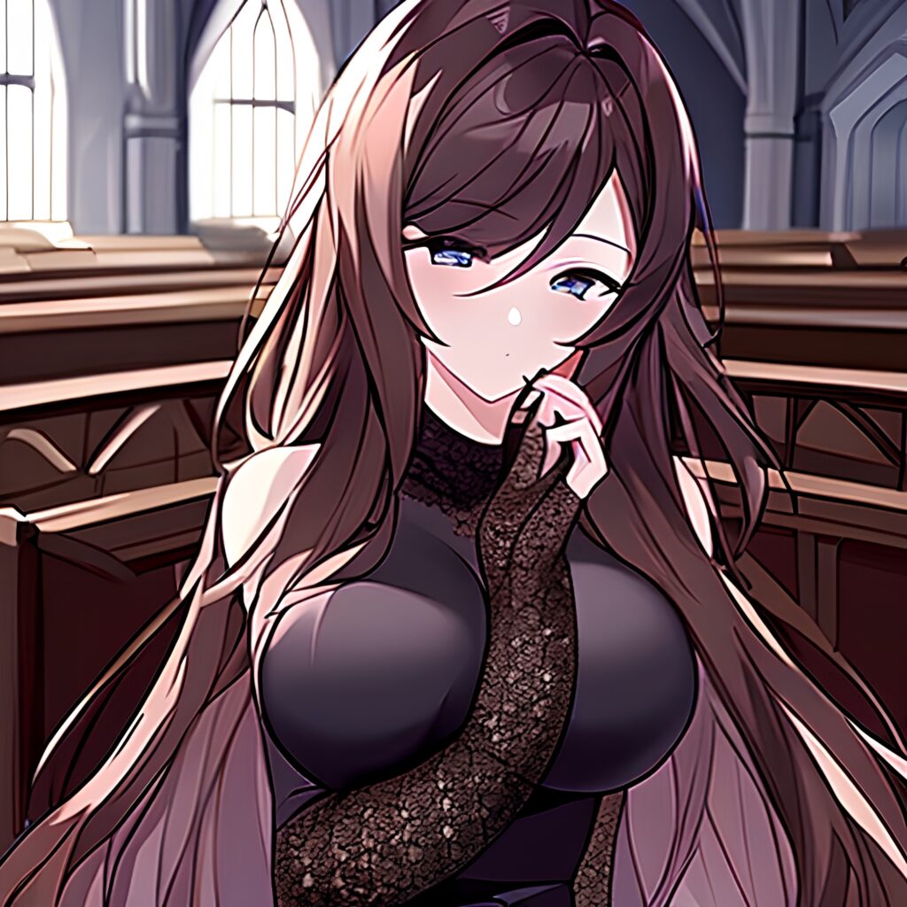 brunette fishnet church woman long hair messy hair 