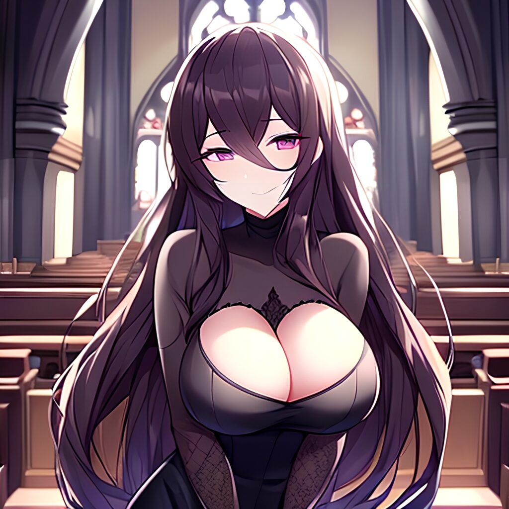 brunette fishnet church woman long hair messy hair 