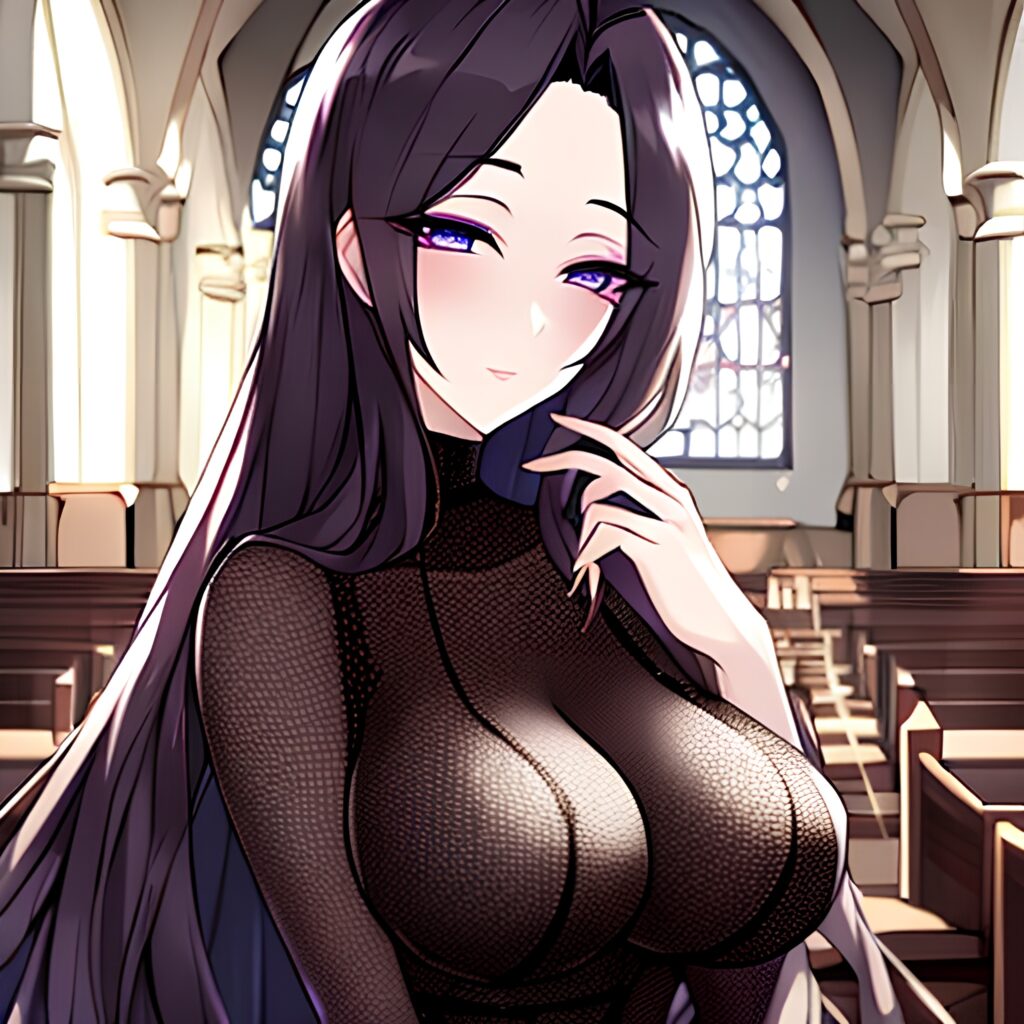 brunette fishnet church woman long hair messy hair