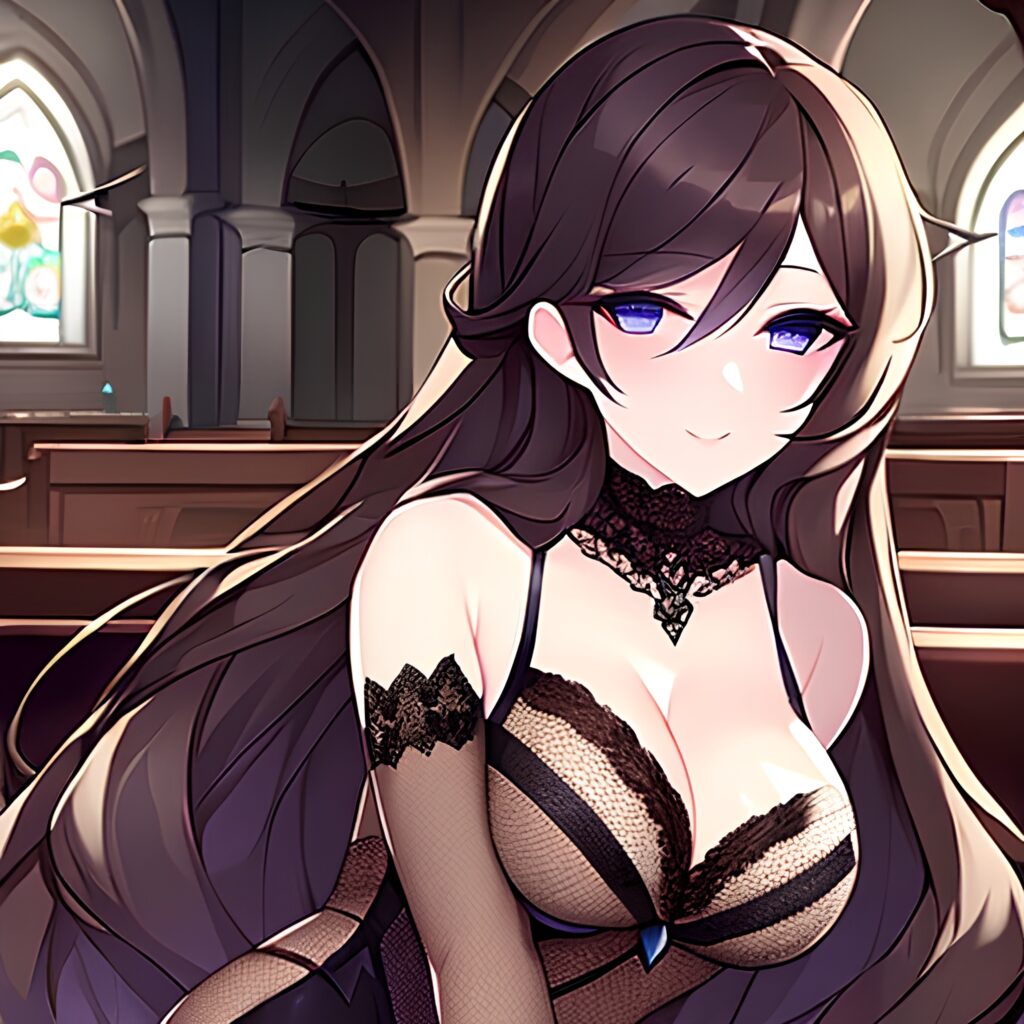 brunette fishnet church woman messy hair long hair