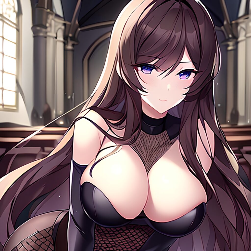 brunette fishnet church woman messy hair long hair 