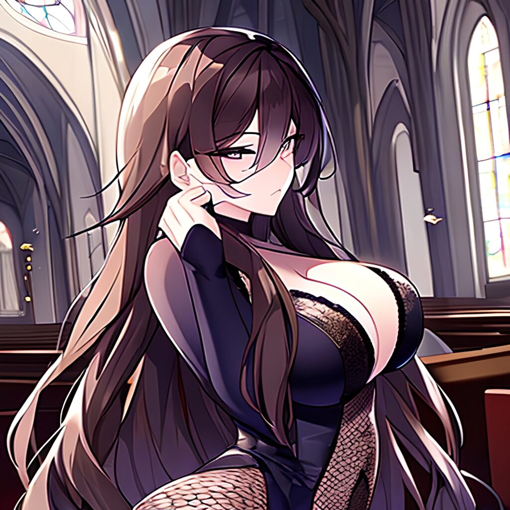 brunette fishnet church woman messy hair long hair 