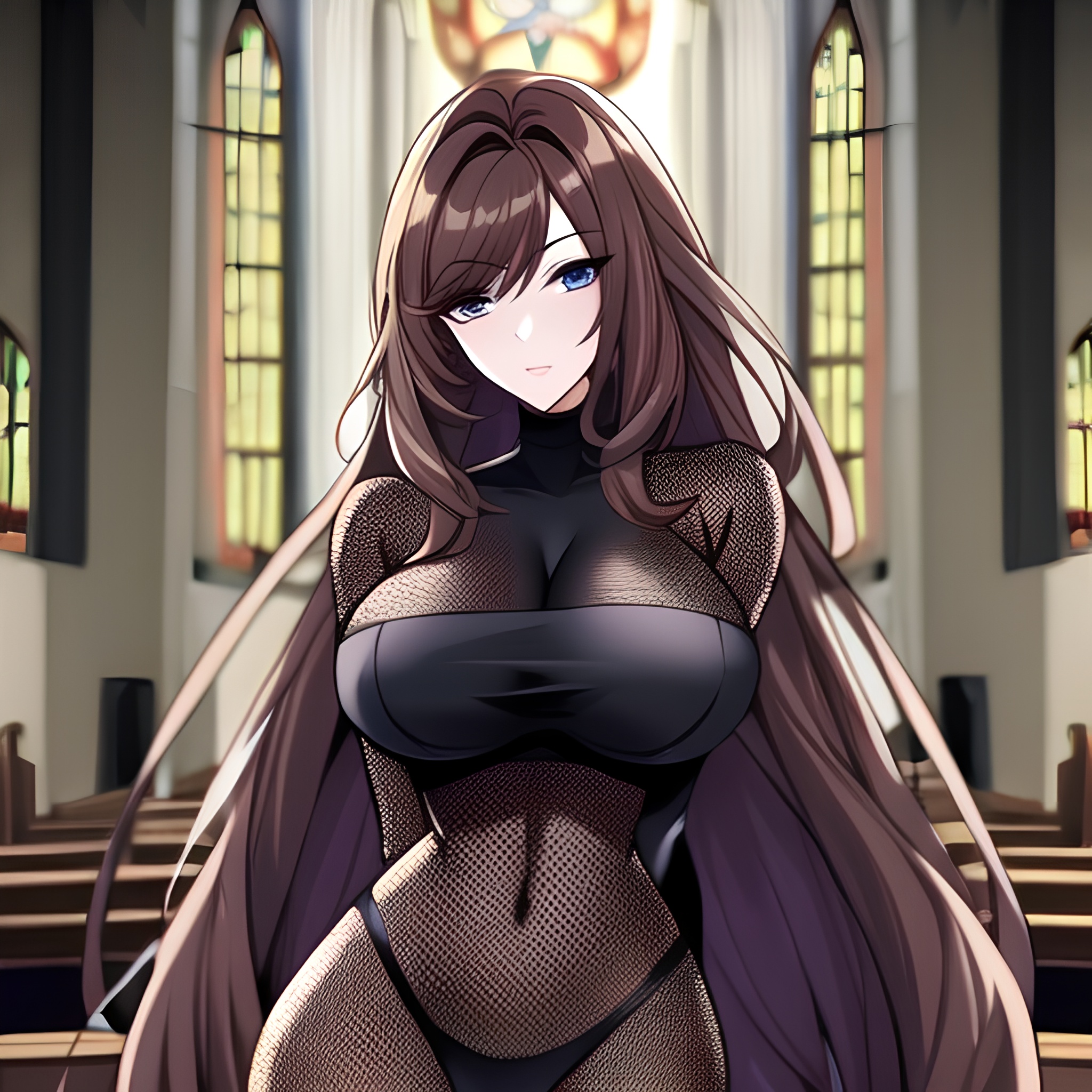 brunette fishnet church woman messy hair long hair