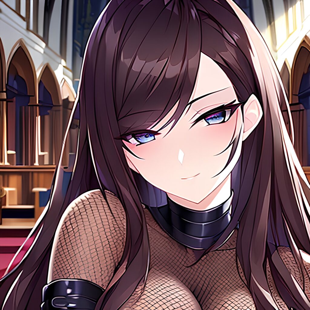 brunette fishnet church woman messy hair long hair 