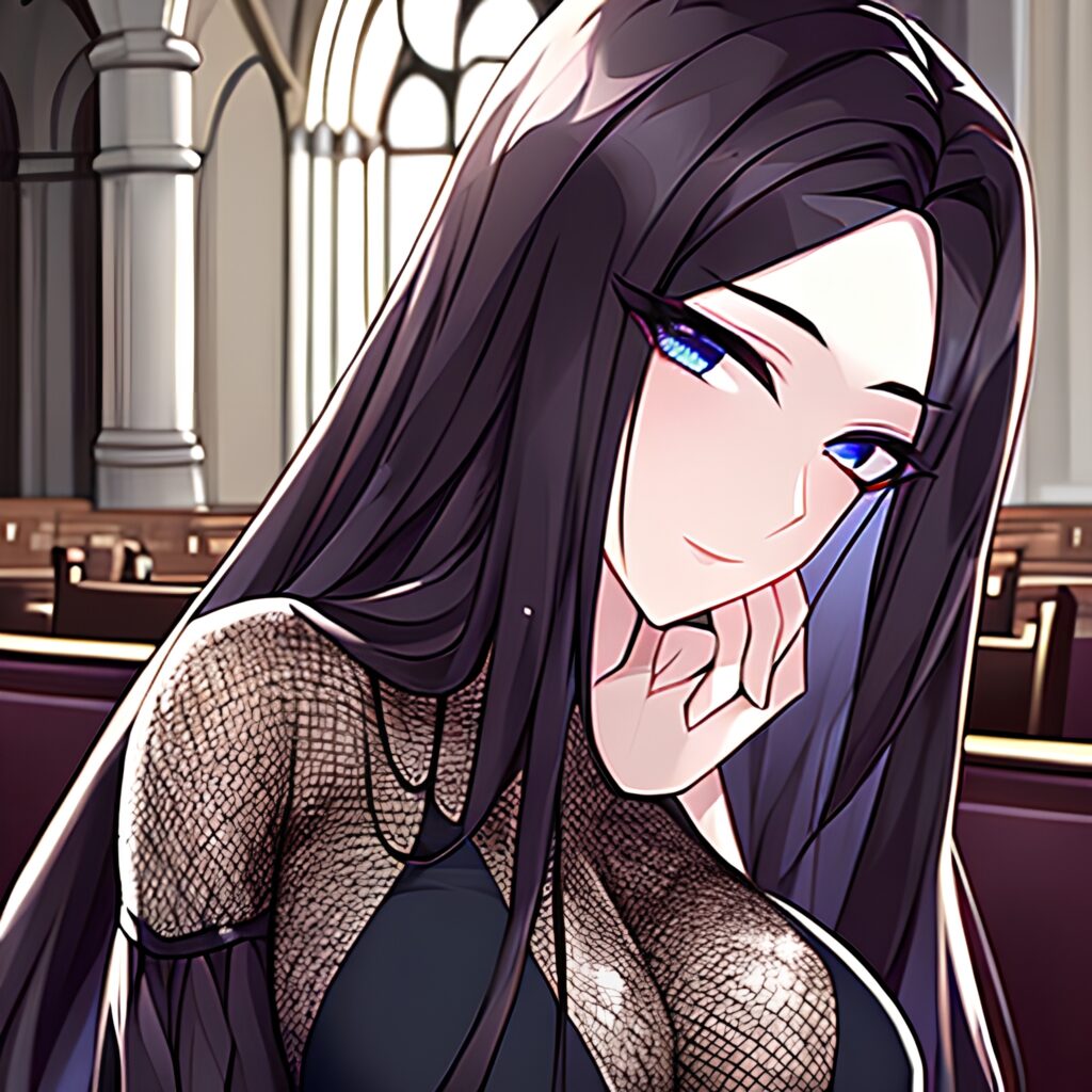 brunette fishnet church woman messy hair long hair 