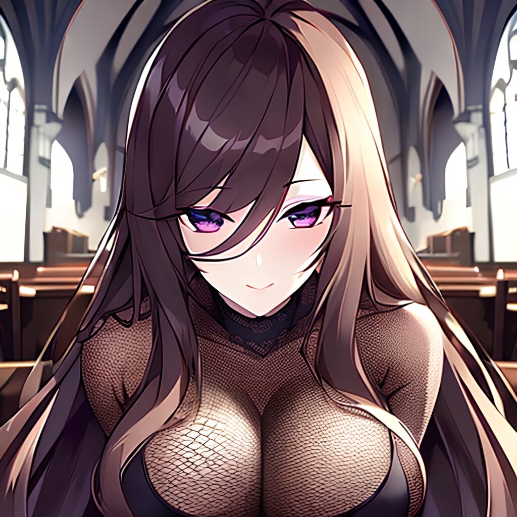 brunette fishnet church woman messy hair long hair 