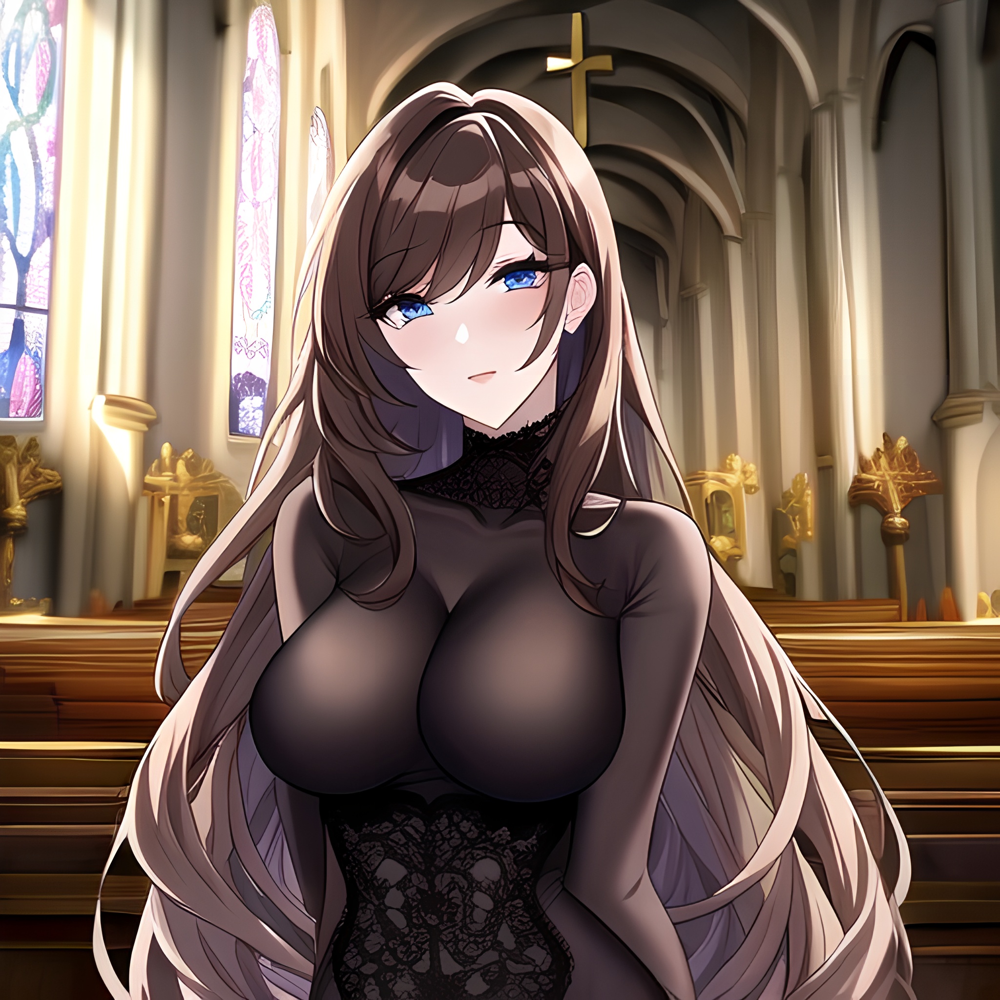 brunette fishnet long hair church woman messy hair 