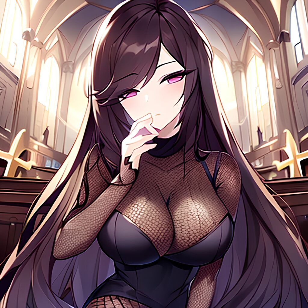 brunette fishnet long hair messy hair woman church 