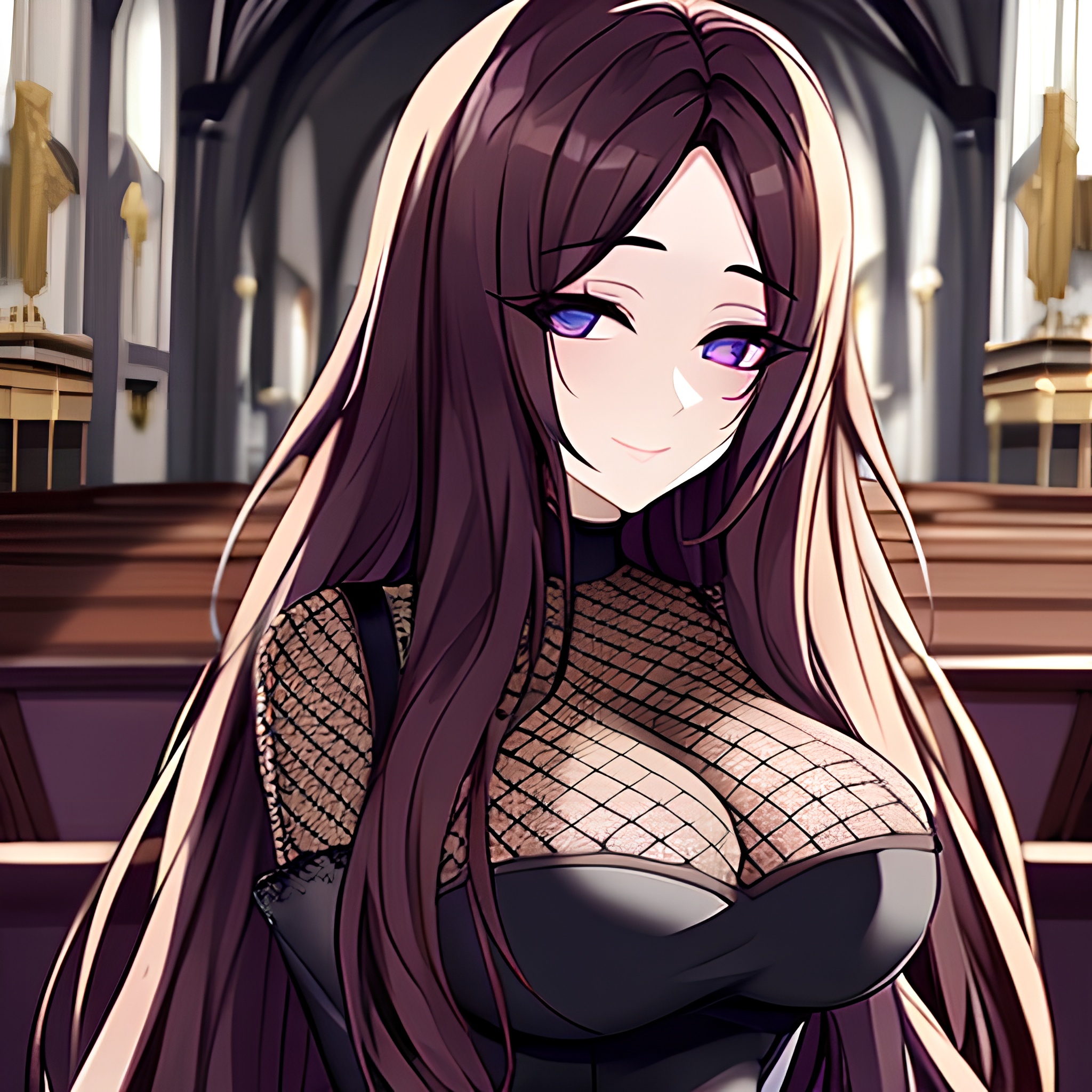 brunette fishnet long hair messy hair woman church 