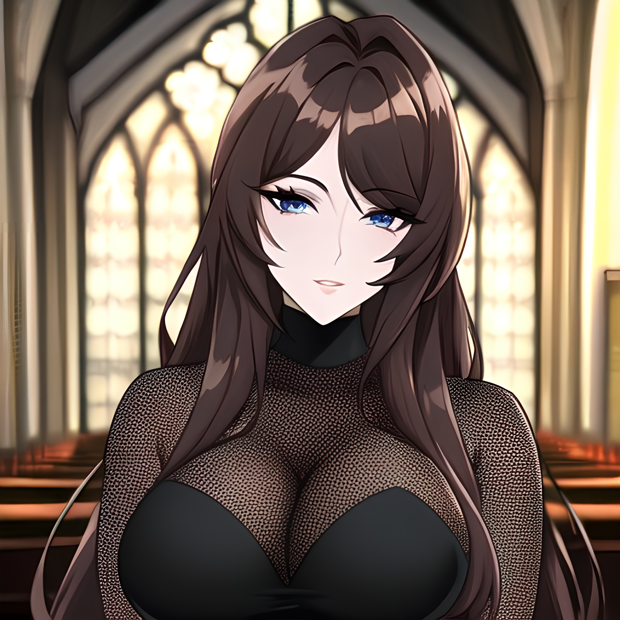 brunette fishnet long hair messy hair woman church 