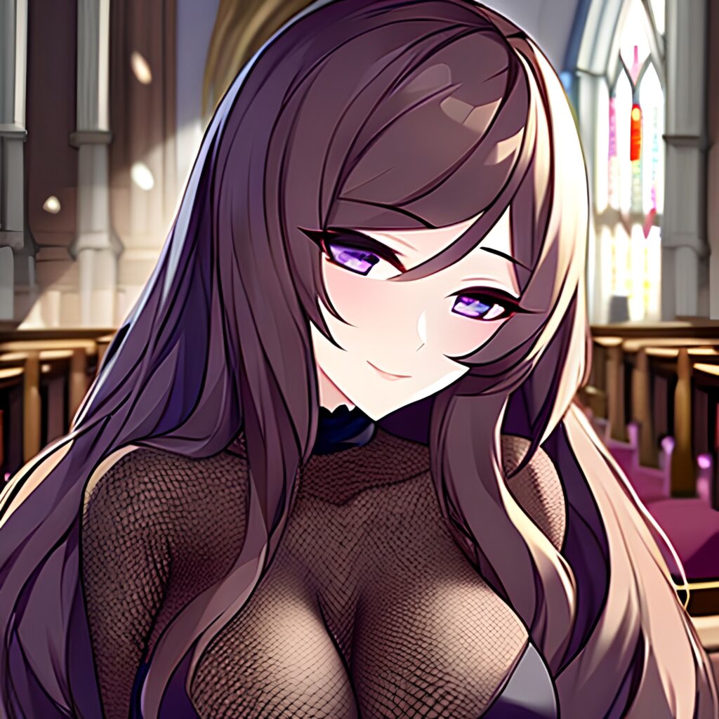 brunette fishnet long hair woman church messy hair 