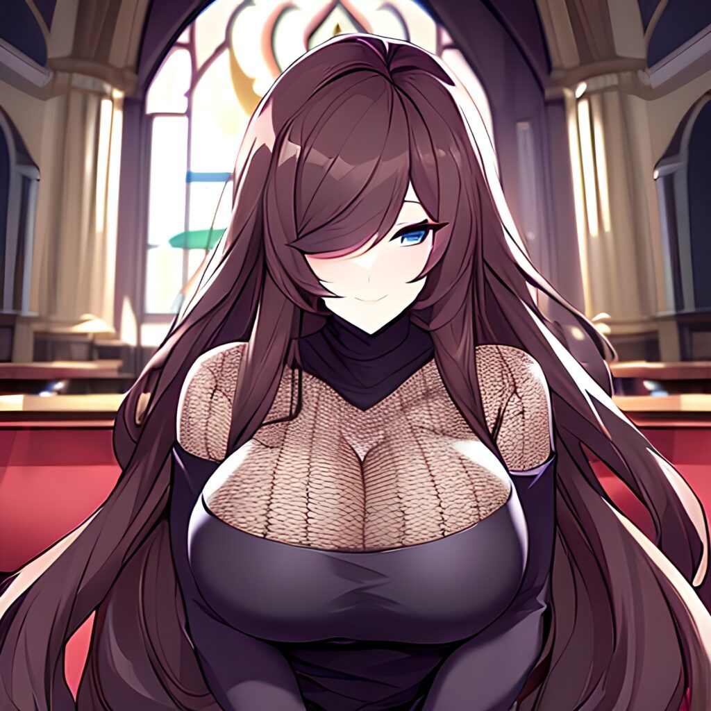 brunette fishnet long hair woman church messy hair 