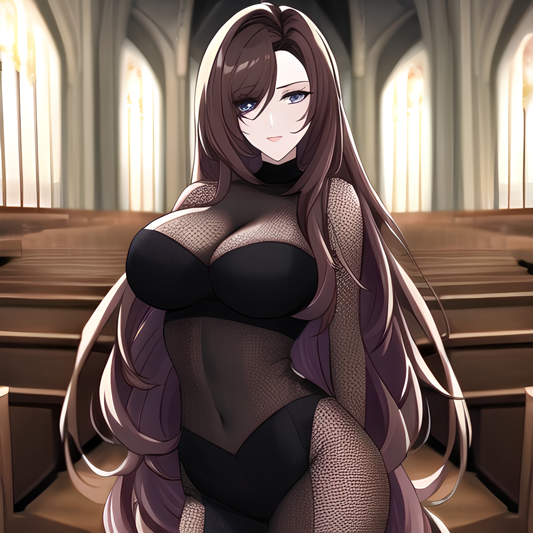 brunette fishnet long hair woman church messy hair 