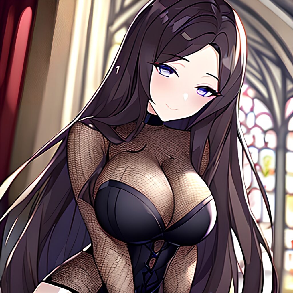 brunette fishnet long hair woman church messy hair