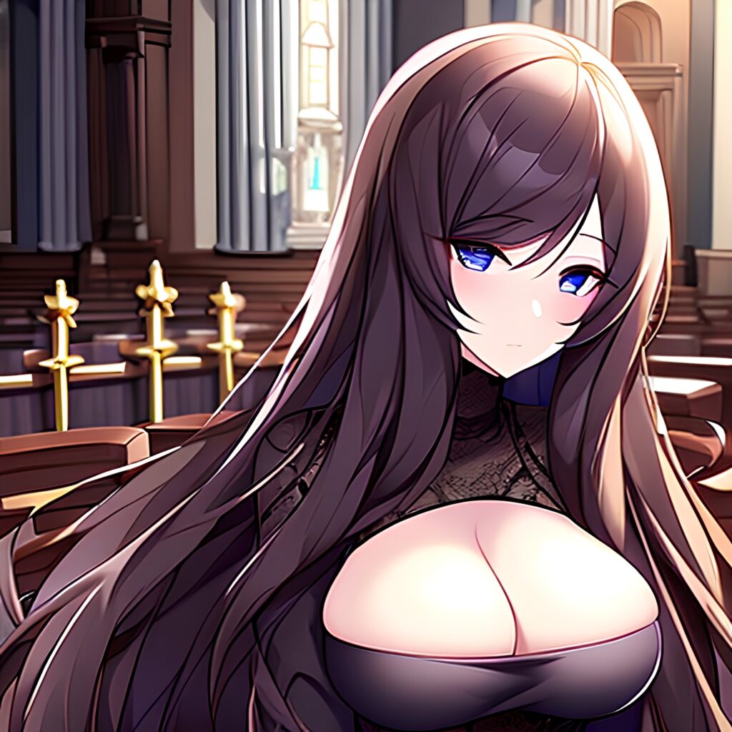 brunette fishnet long hair woman church messy hair