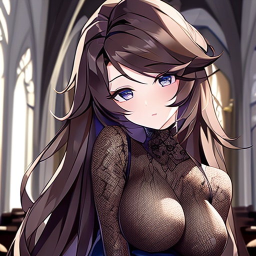 brunette fishnet long hair woman church messy hair 