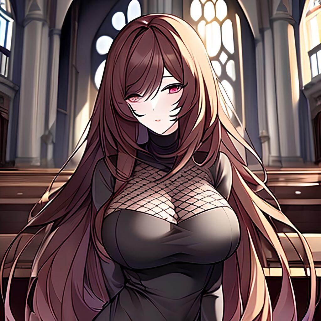 brunette fishnet long hair woman messy hair church 