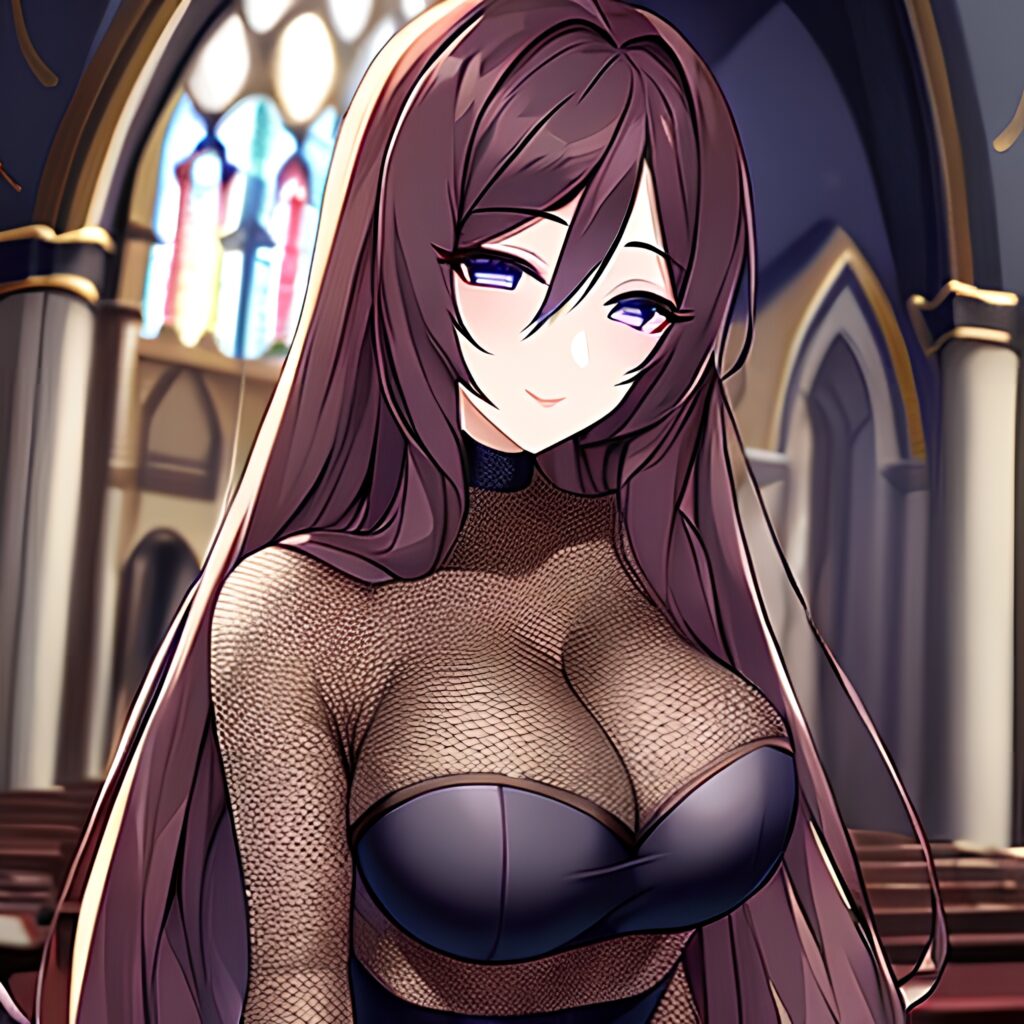 brunette fishnet long hair woman messy hair church 