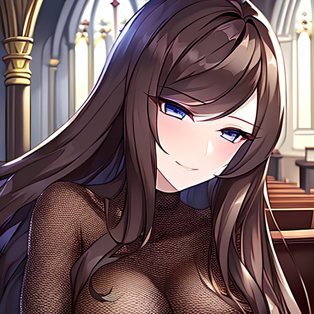 brunette fishnet long hair woman messy hair church 