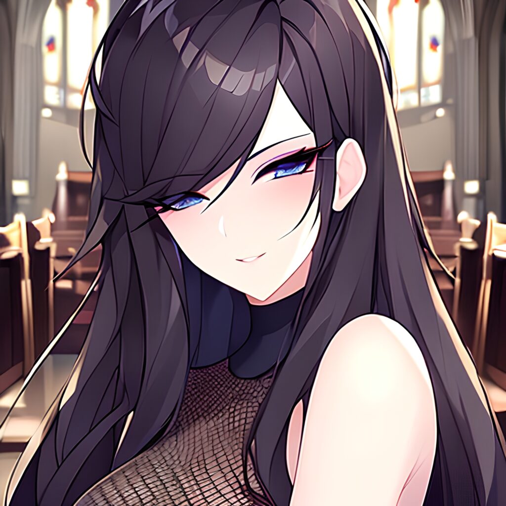 brunette fishnet long hair woman messy hair church 