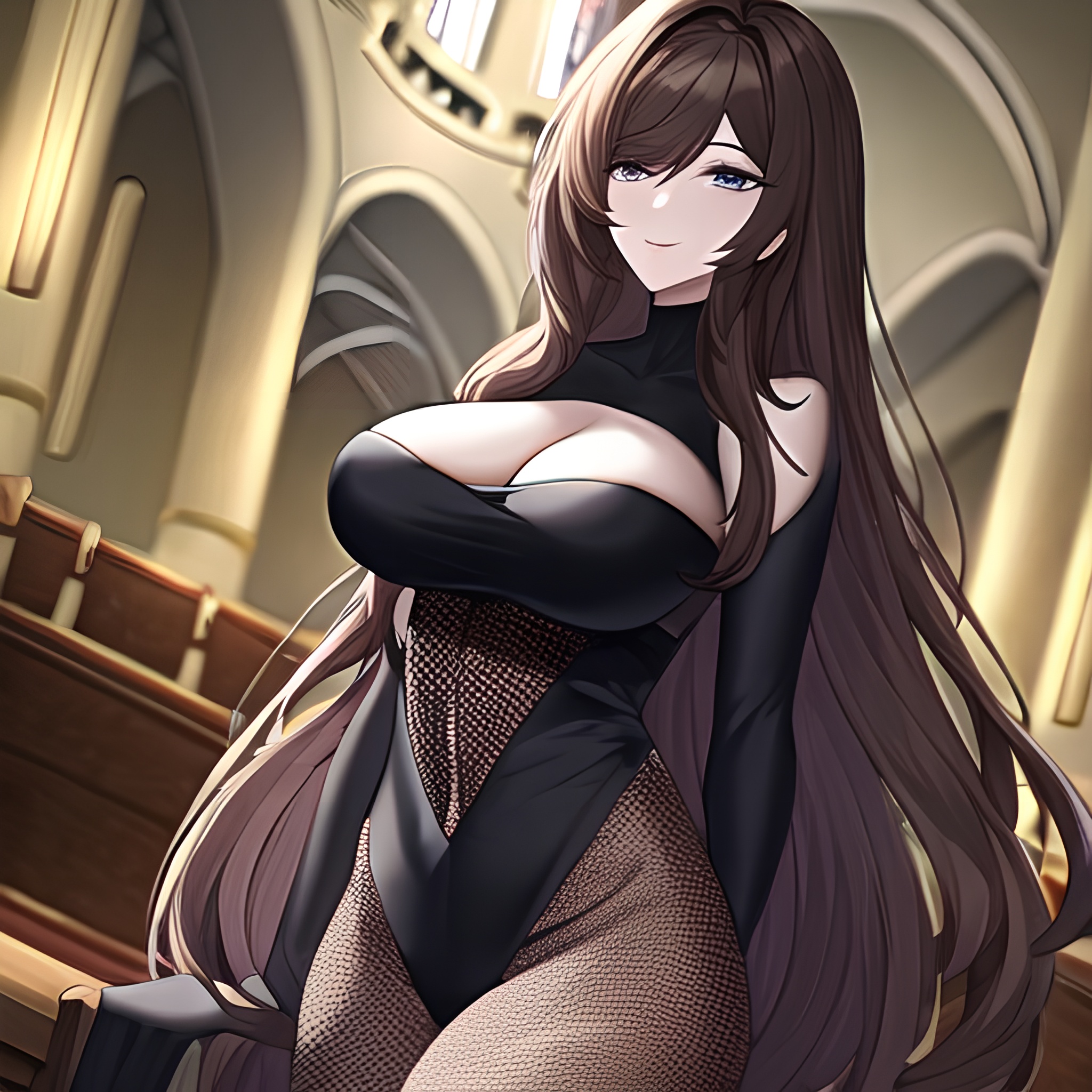 brunette fishnet messy hair church long hair woman 