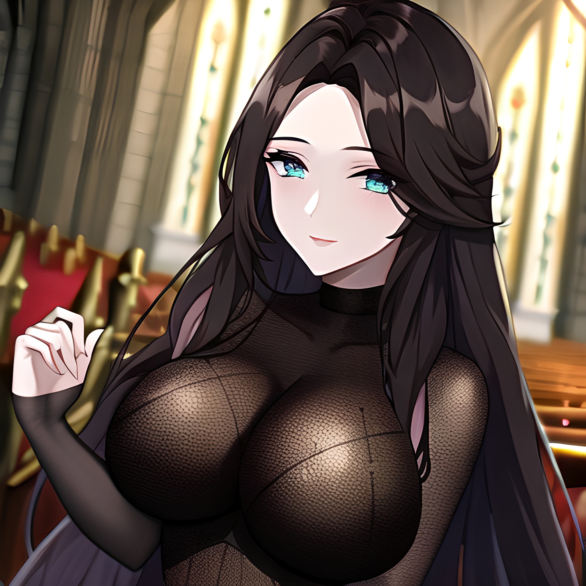 brunette fishnet messy hair church woman long hair