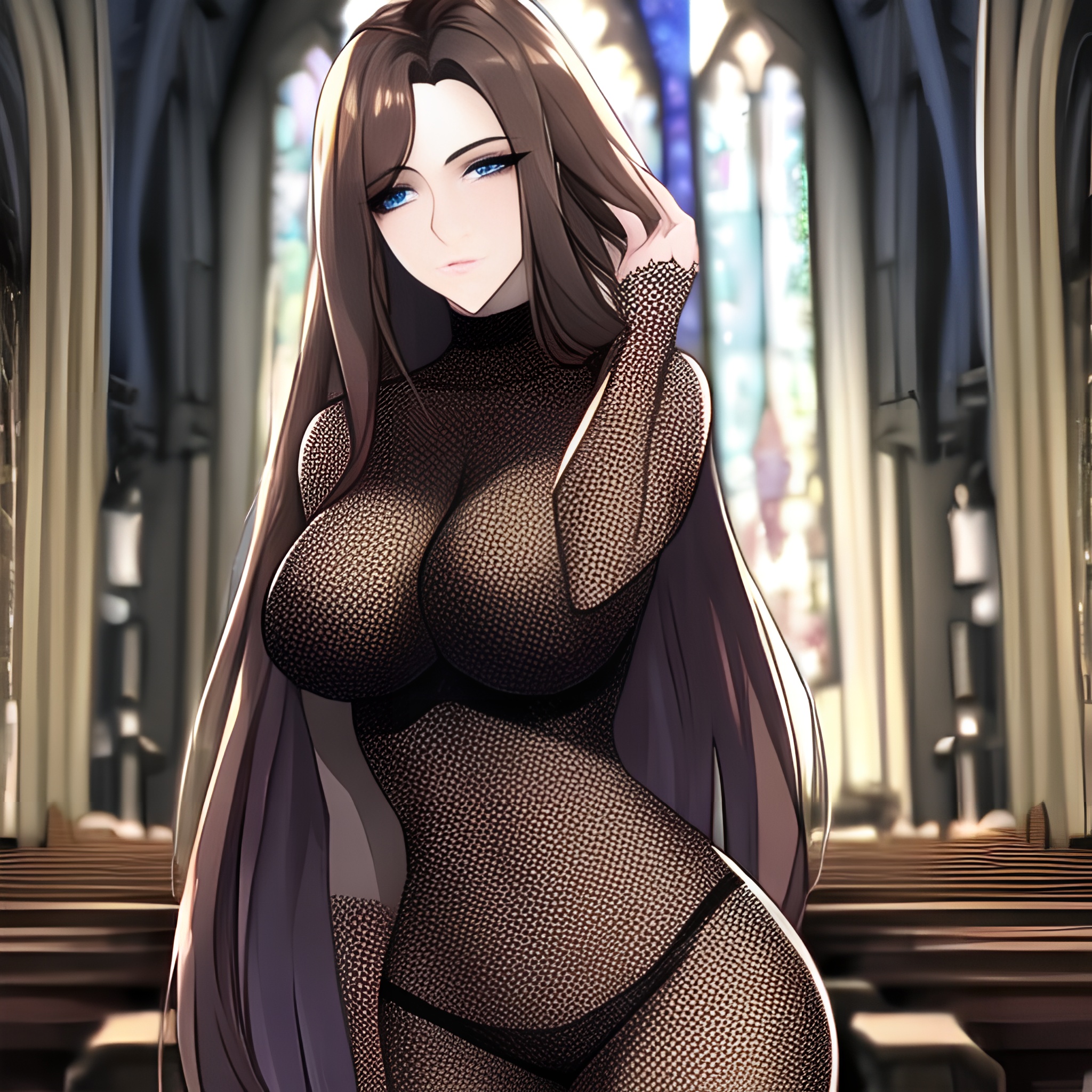 brunette fishnet messy hair church woman long hair 