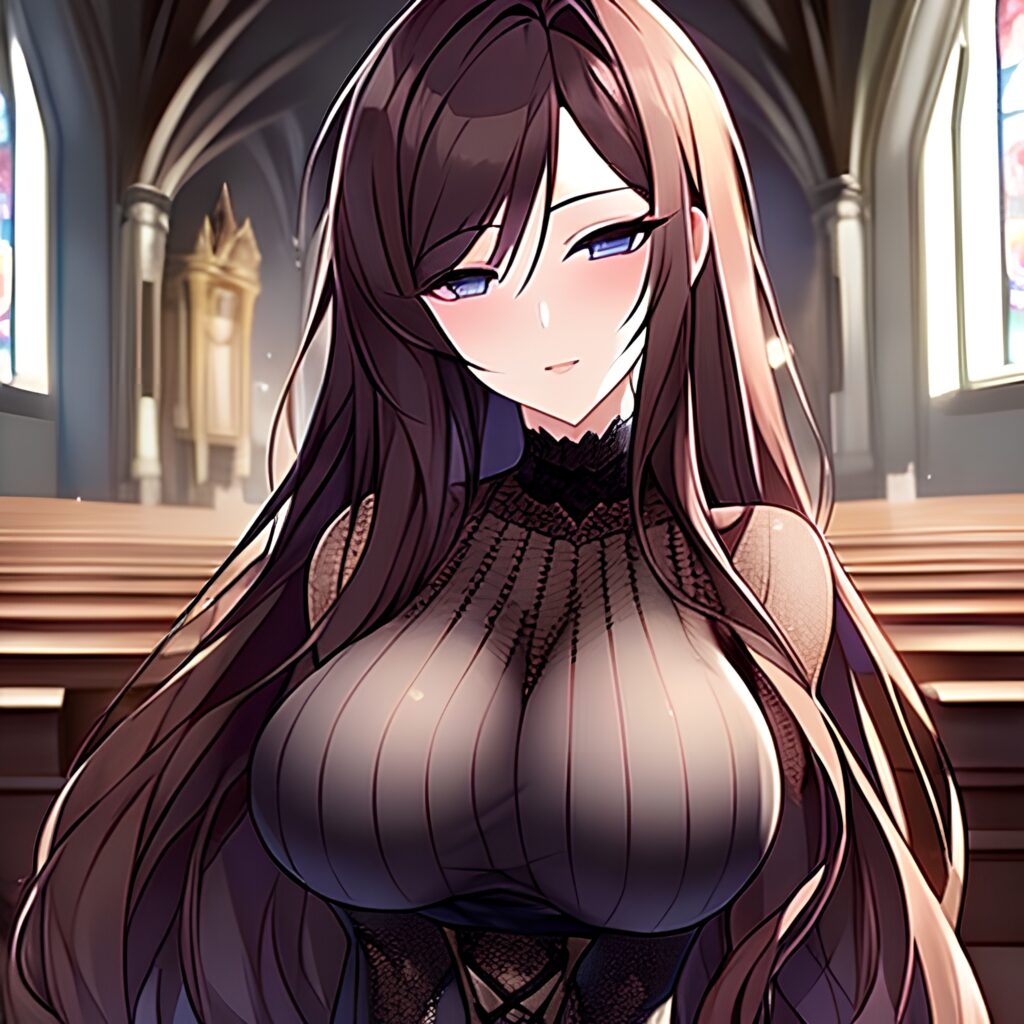 brunette fishnet messy hair long hair church woman 
