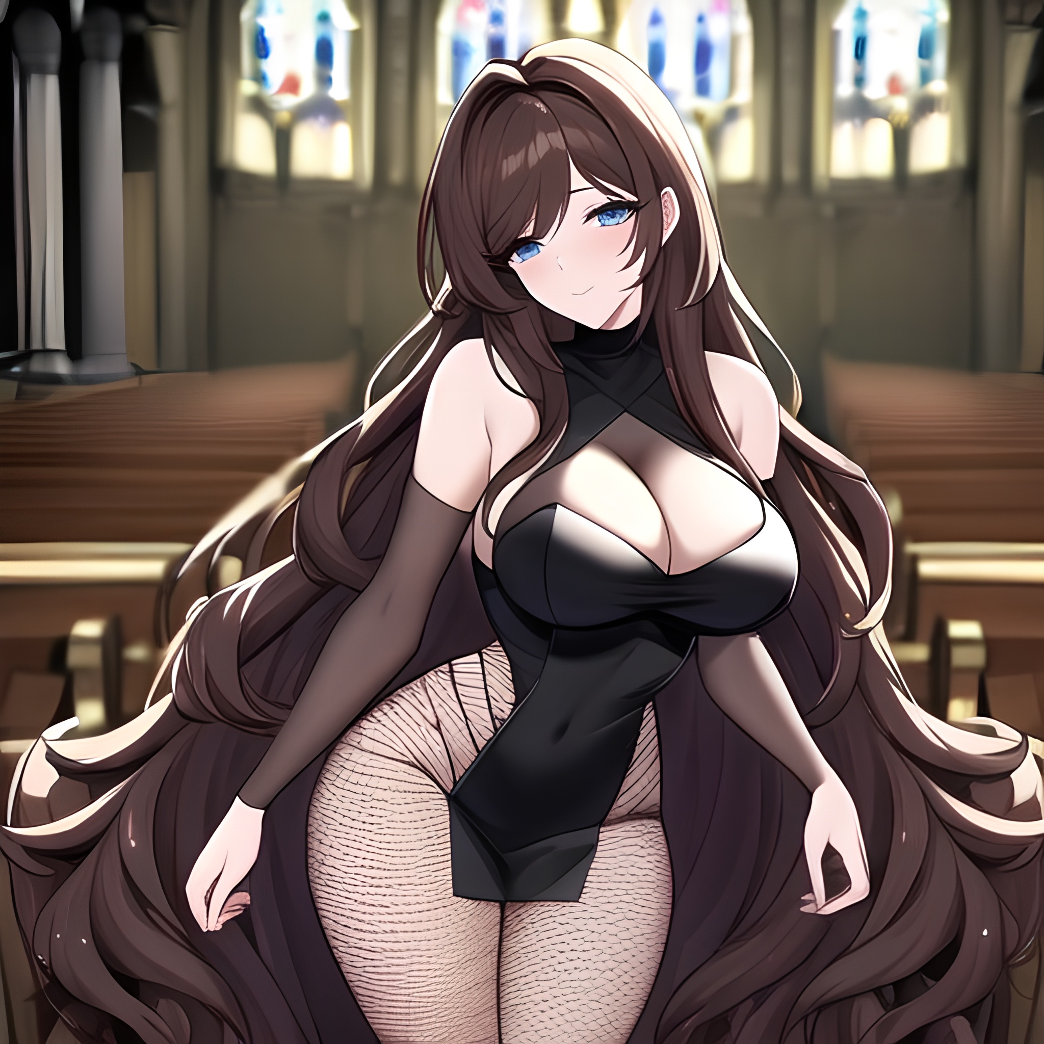 brunette fishnet messy hair long hair church woman 