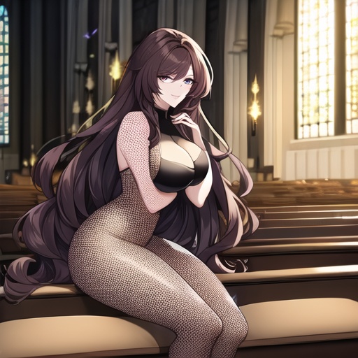 brunette fishnet messy hair long hair church woman 