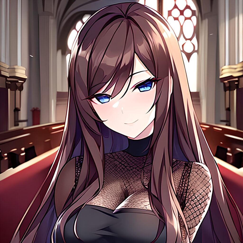 brunette fishnet messy hair long hair woman church 