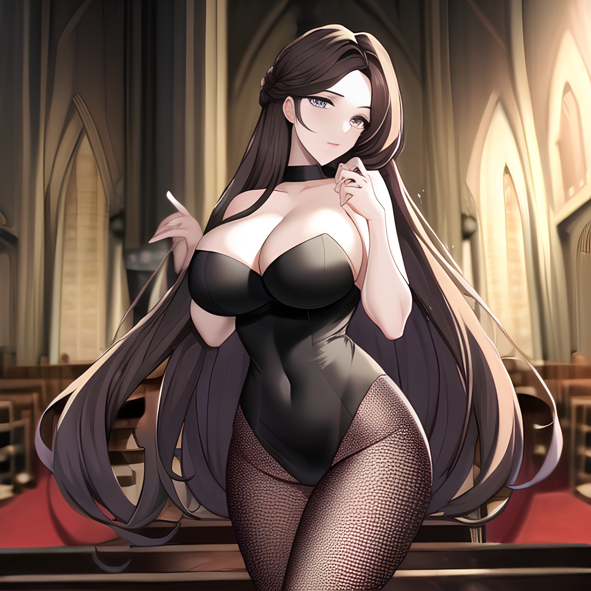 brunette fishnet messy hair long hair woman church 