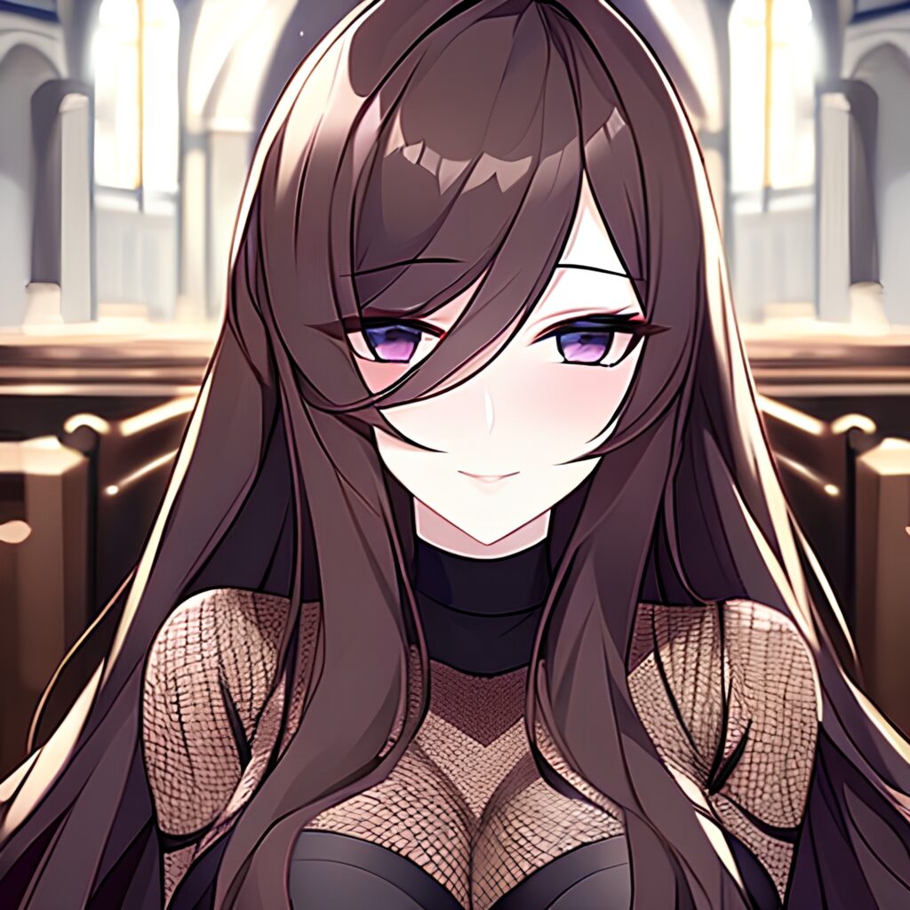 brunette fishnet messy hair long hair woman church 