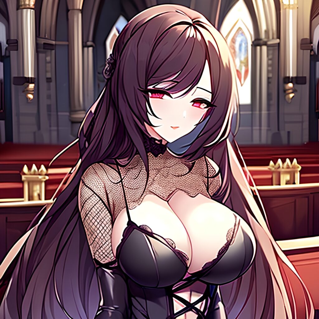 brunette fishnet messy hair long hair woman church 