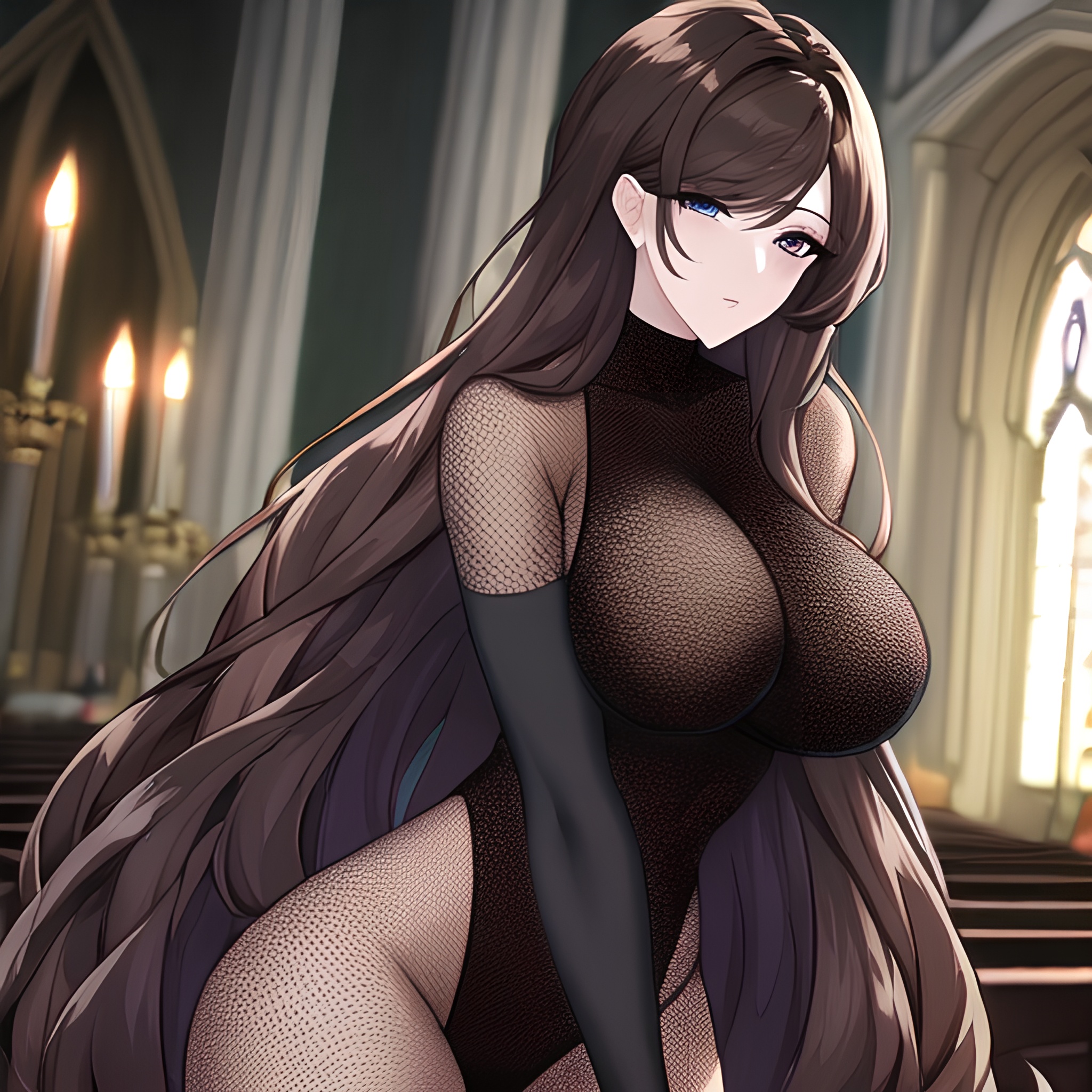 brunette fishnet messy hair long hair woman church 