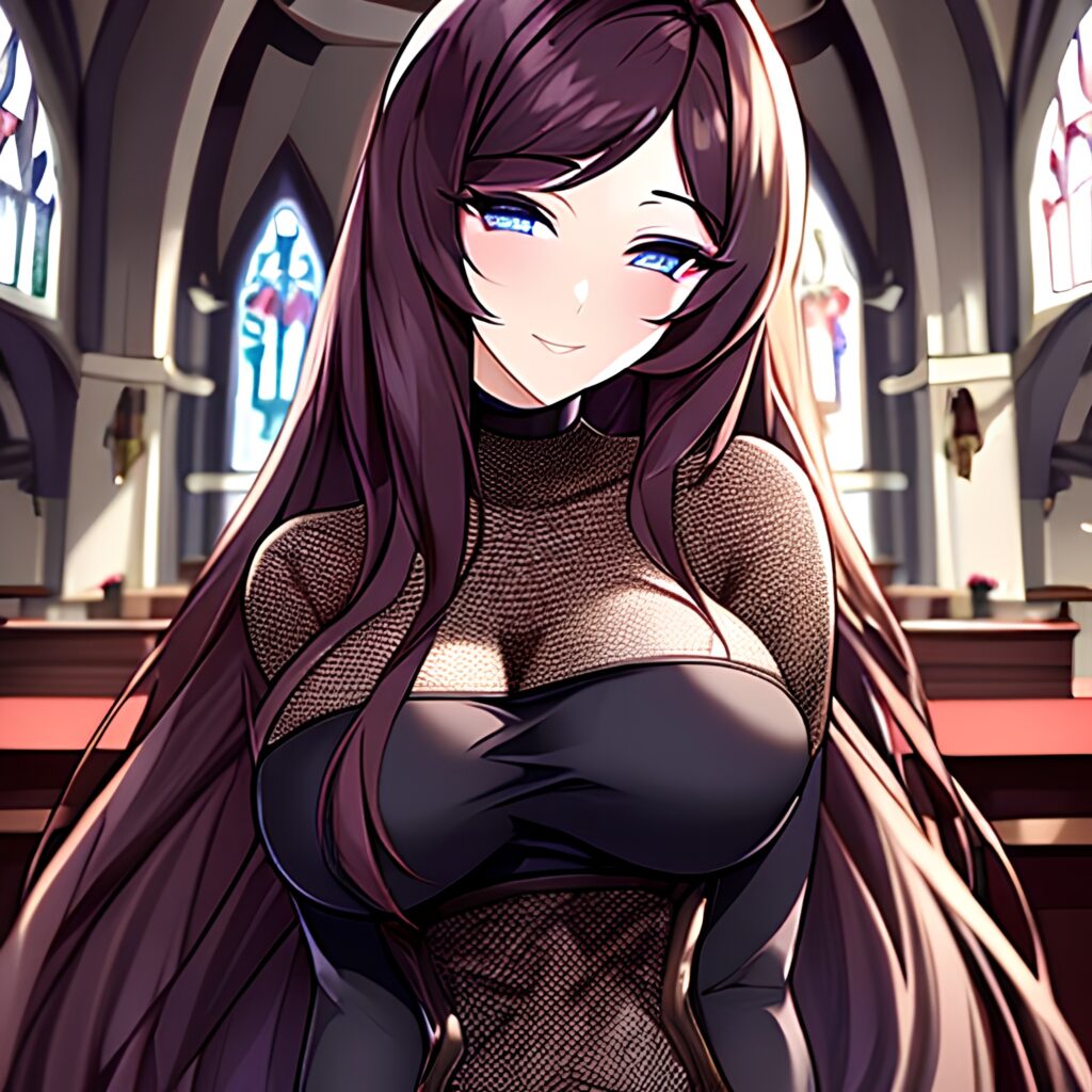 brunette fishnet messy hair long hair woman church 