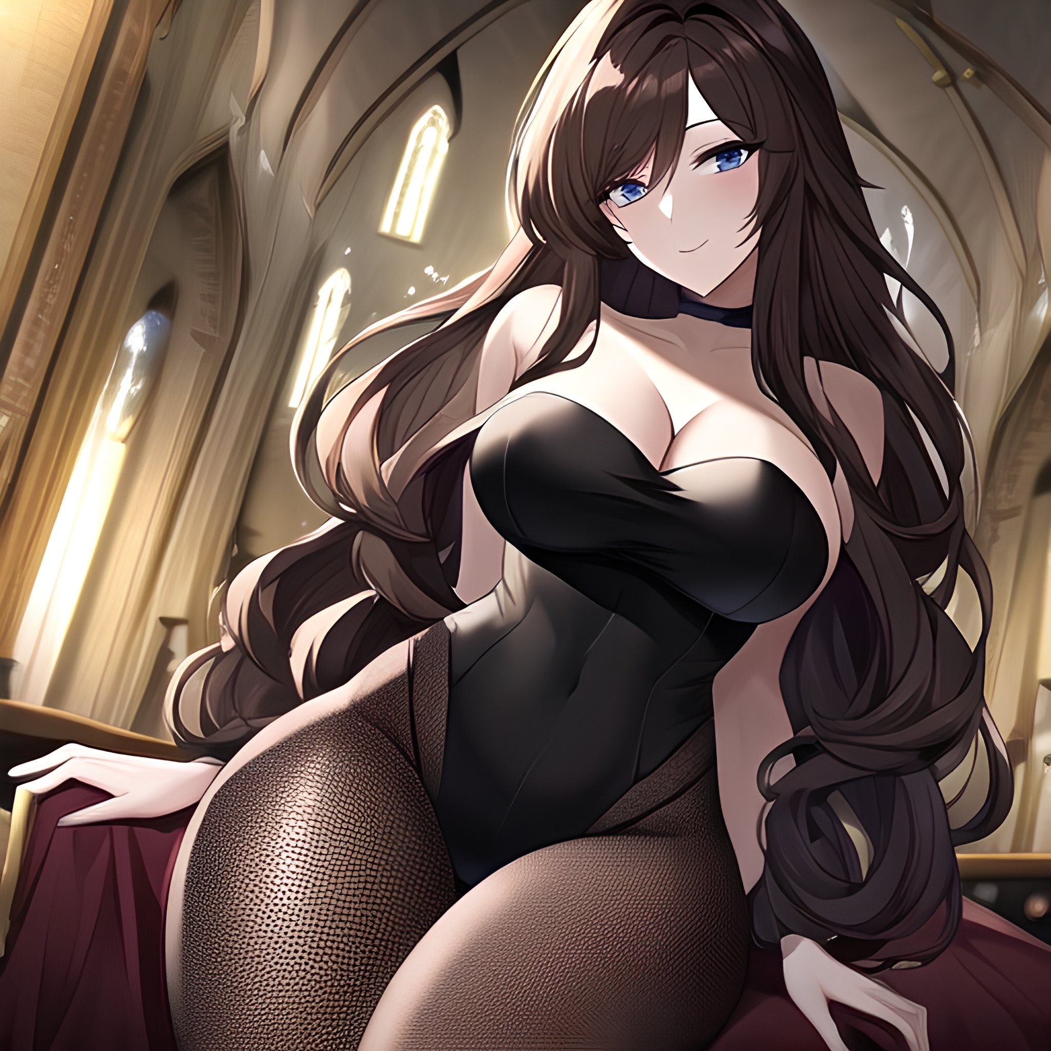 brunette fishnet messy hair long hair woman church 