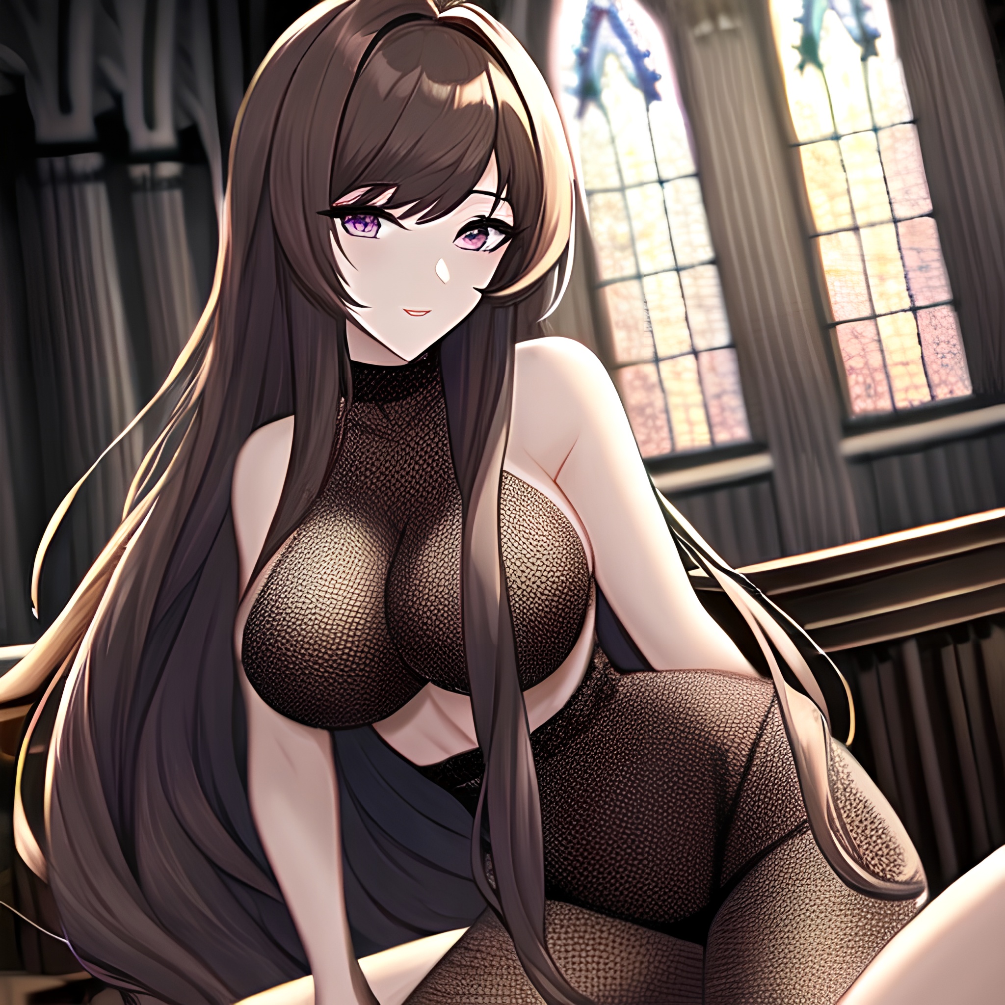 brunette fishnet messy hair woman church long hair 