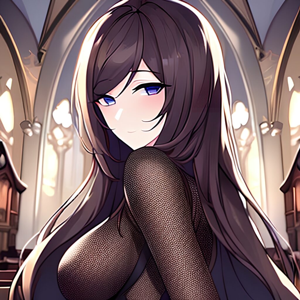 brunette fishnet messy hair woman church long hair 