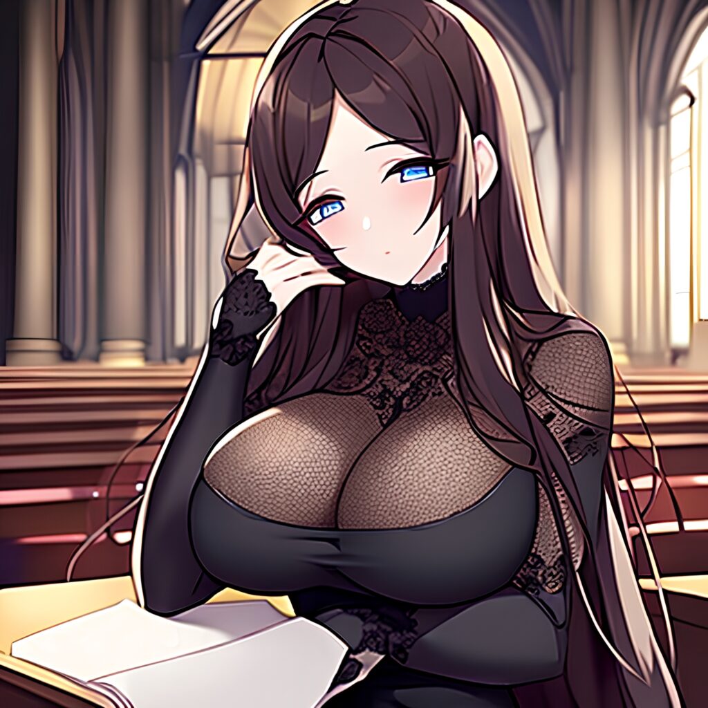 brunette fishnet messy hair woman church long hair 