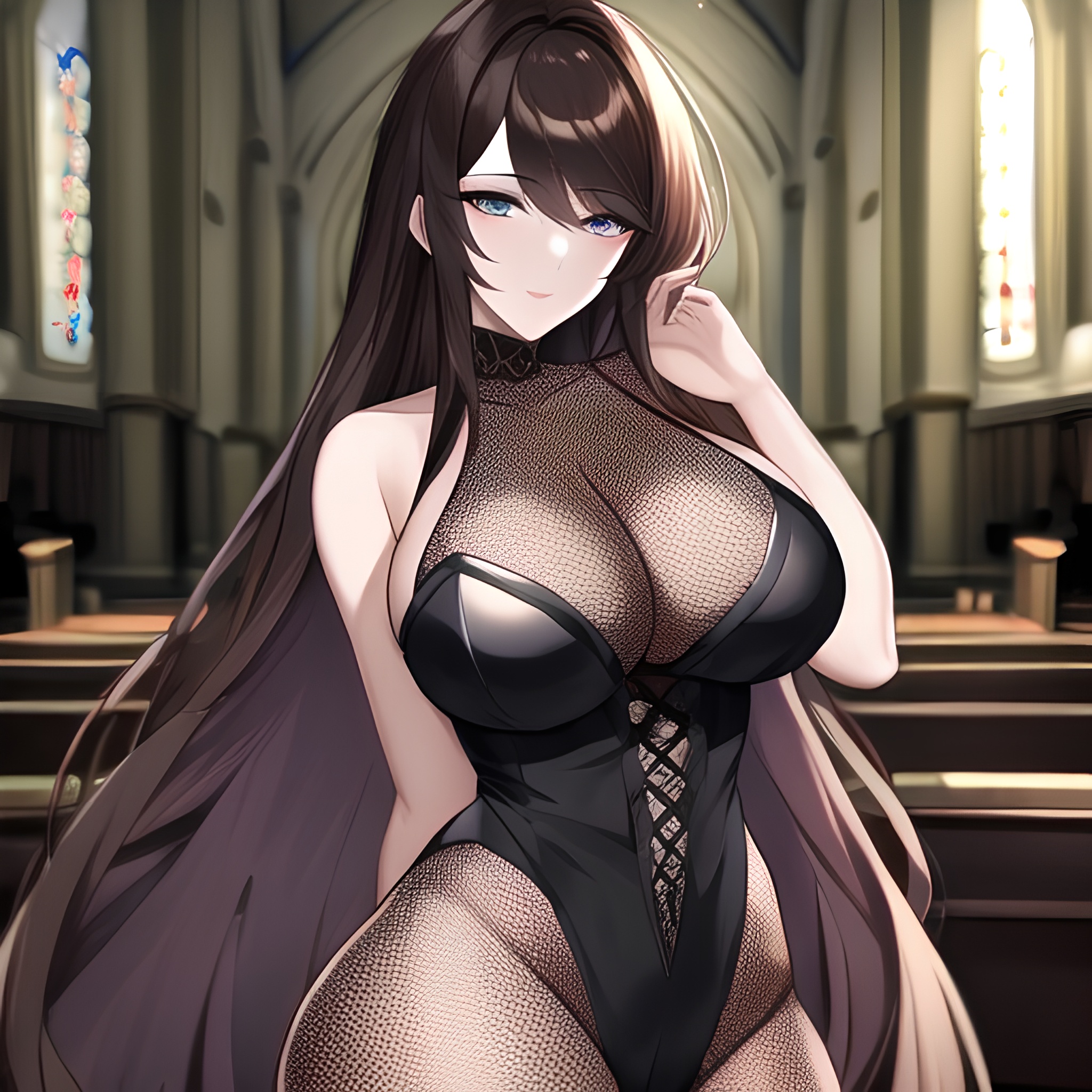 brunette fishnet woman church long hair messy hair