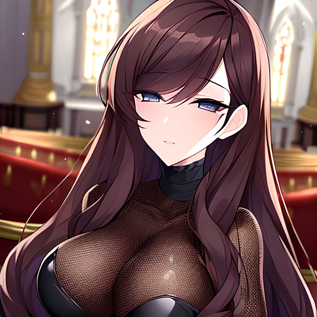 brunette fishnet woman church long hair messy hair 