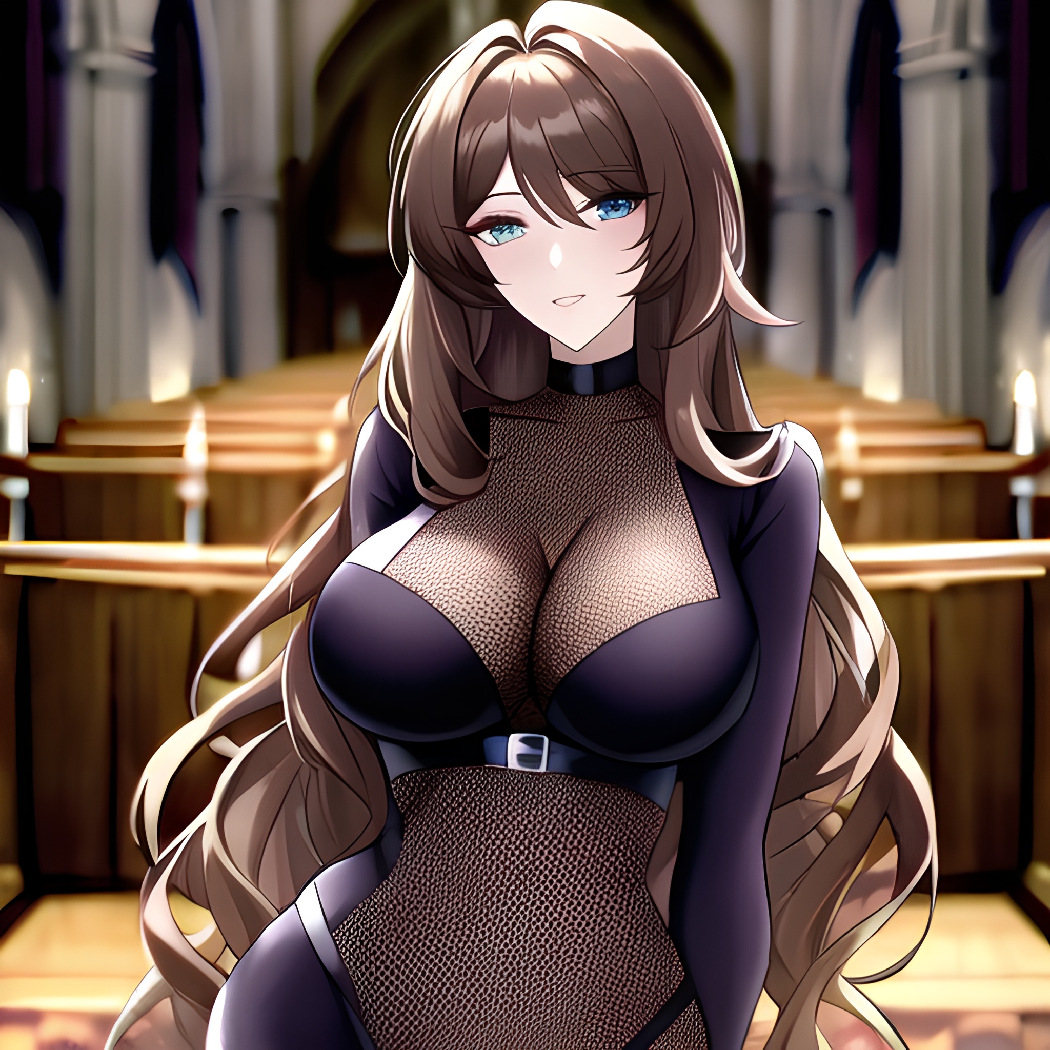 brunette fishnet woman church messy hair long hair