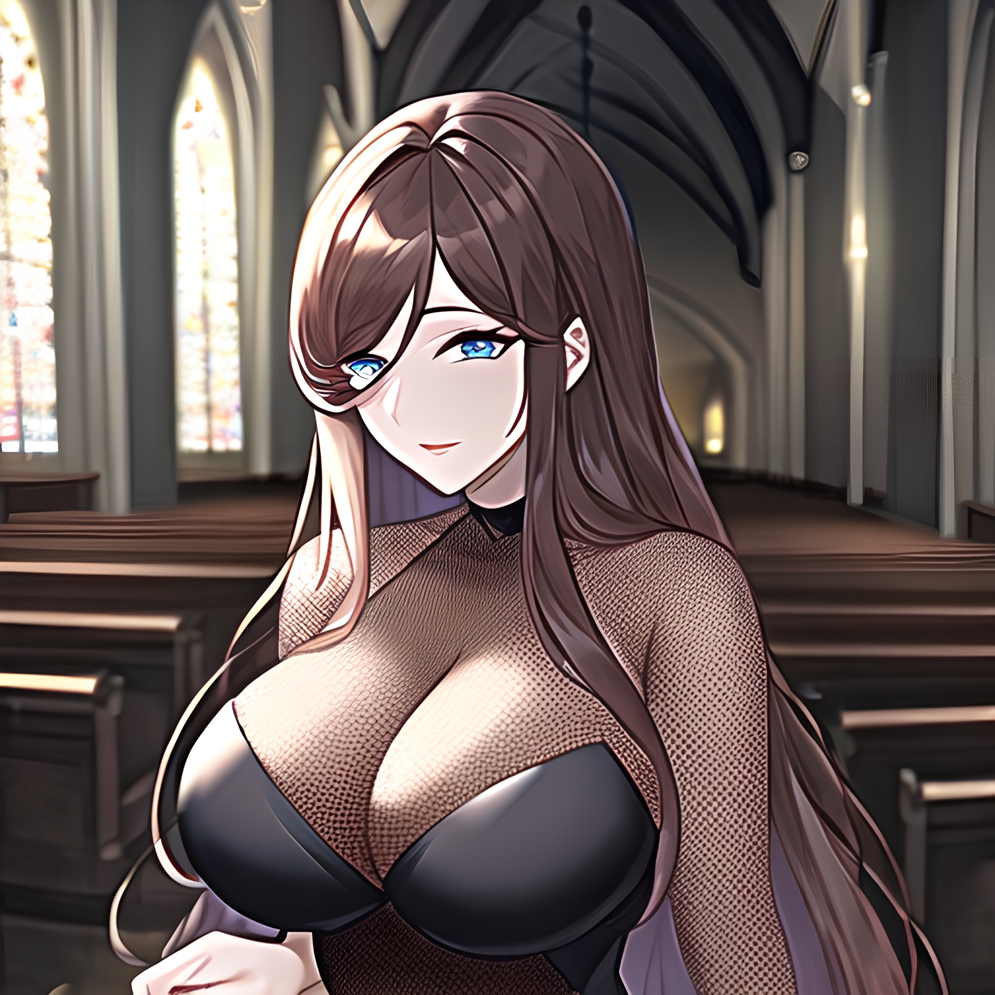 brunette fishnet woman church messy hair long hair 