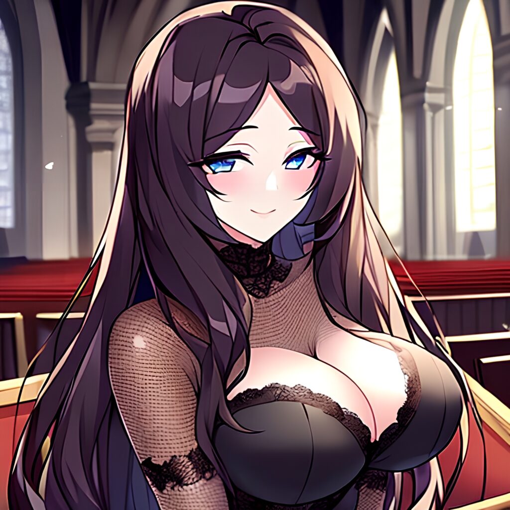 brunette fishnet woman long hair church messy hair 