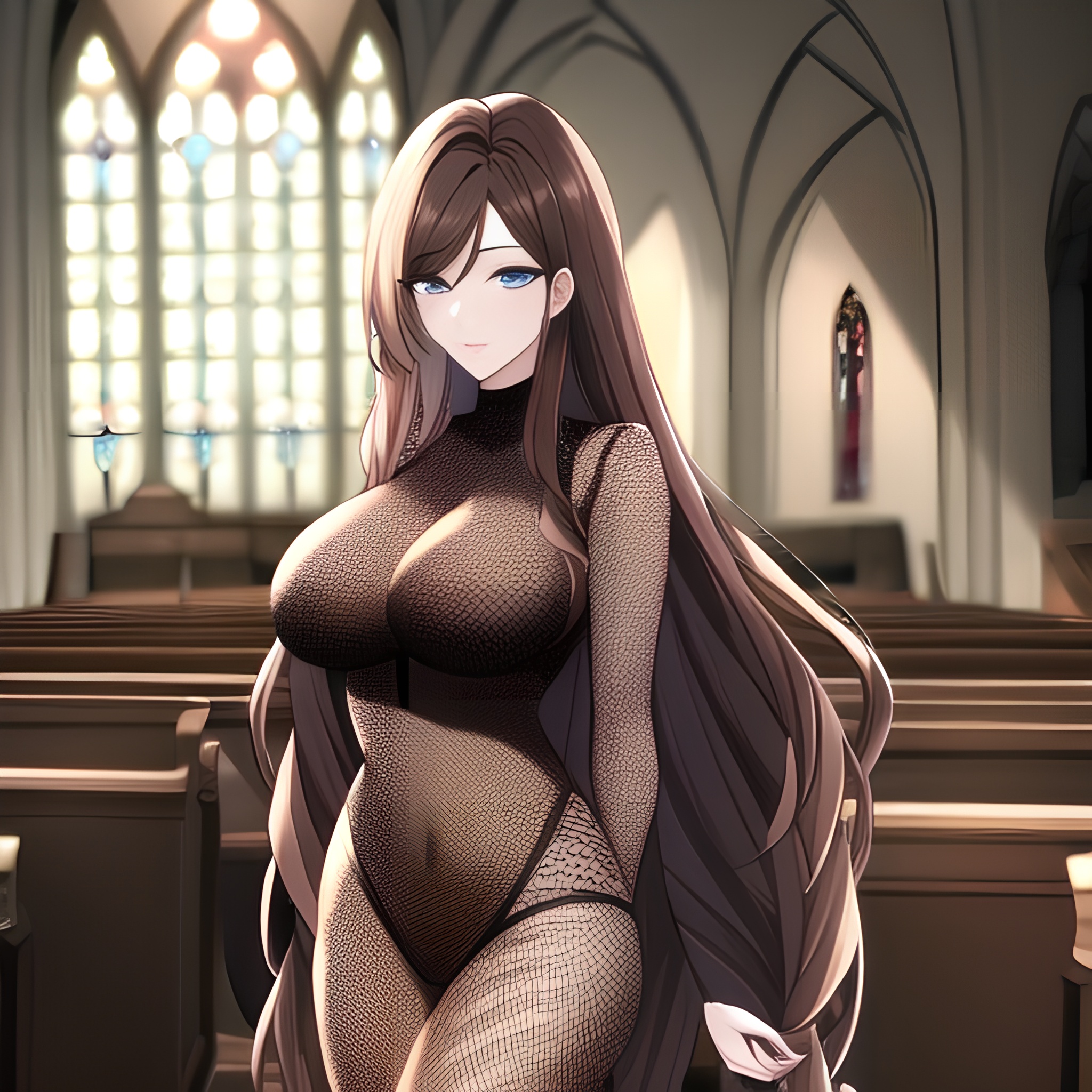 brunette fishnet woman long hair church messy hair 