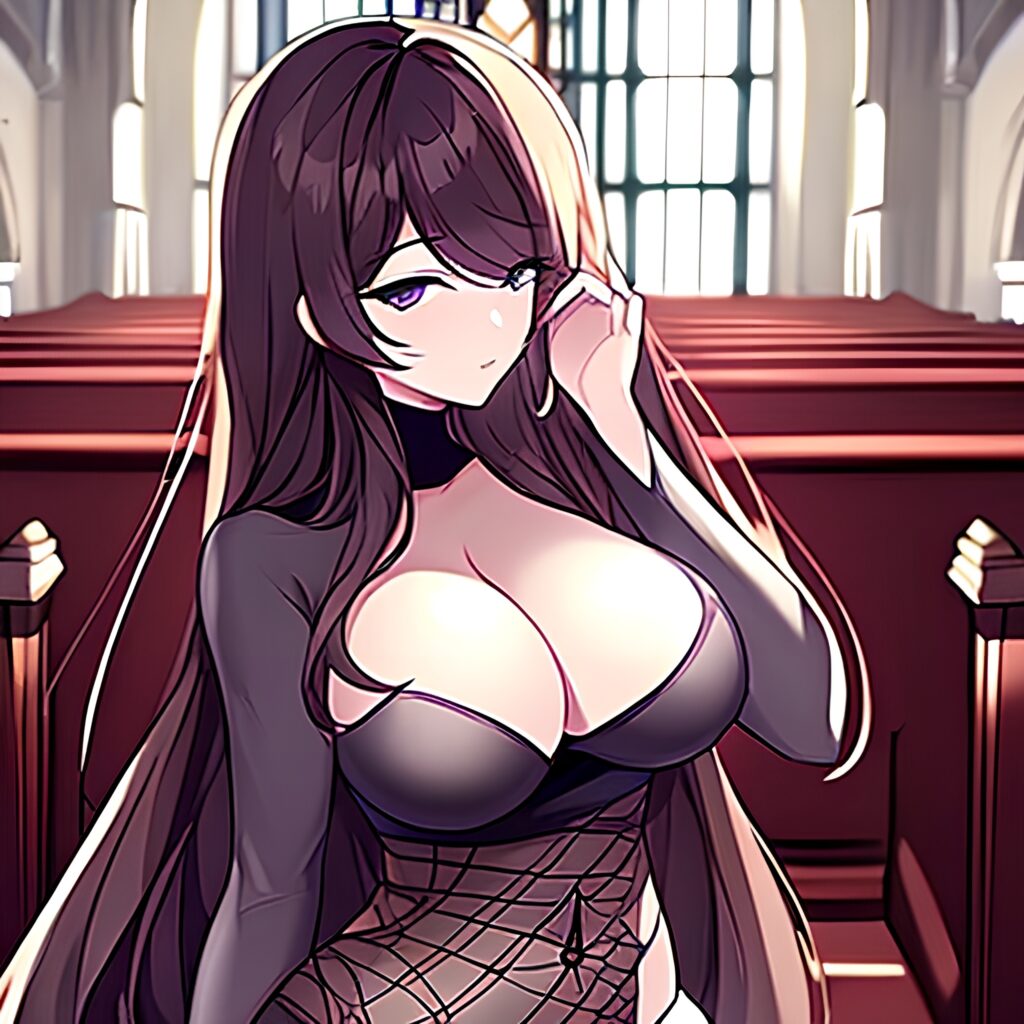 brunette fishnet woman long hair church messy hair 