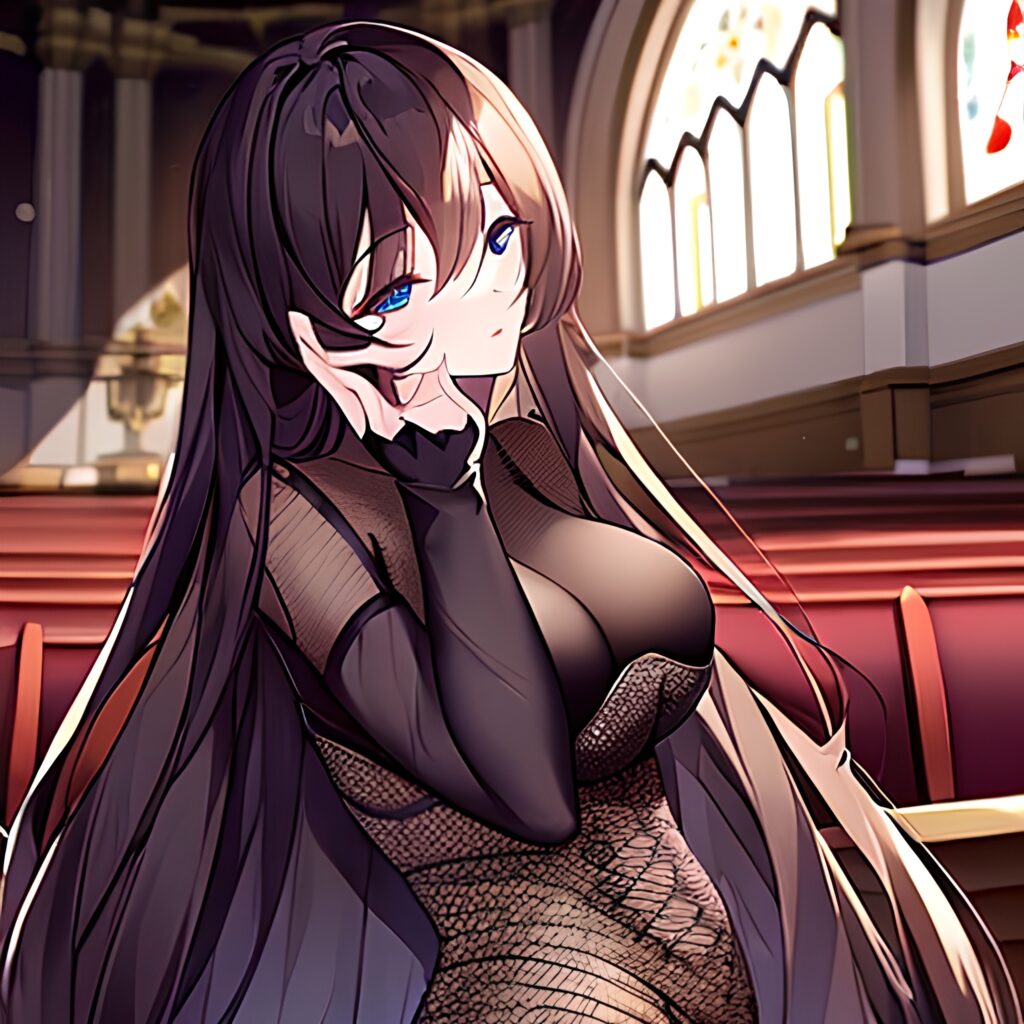 brunette fishnet woman long hair church messy hair 