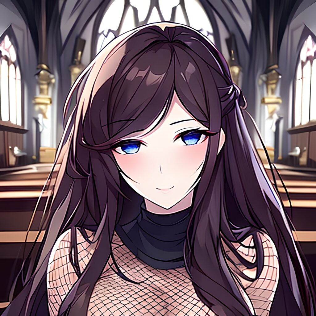 brunette fishnet woman long hair church messy hair 