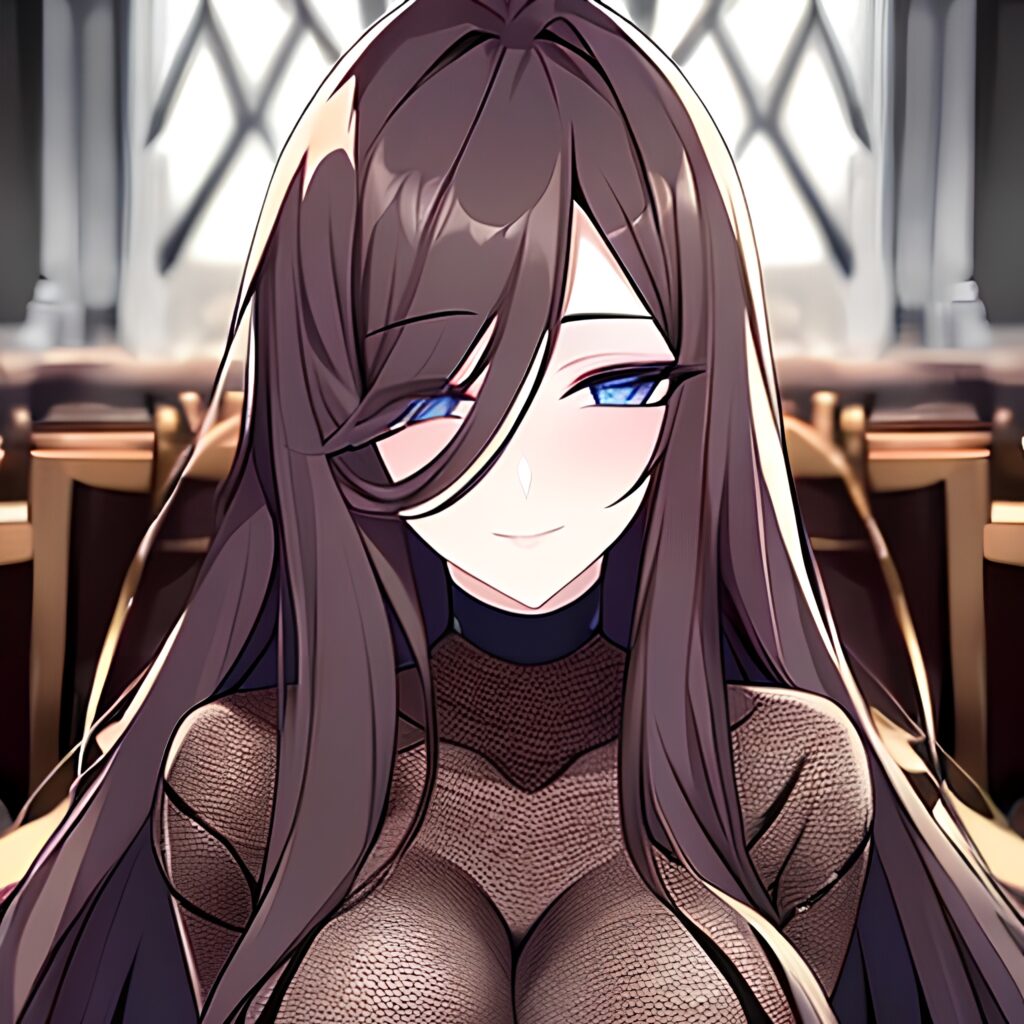 brunette fishnet woman long hair church messy hair 